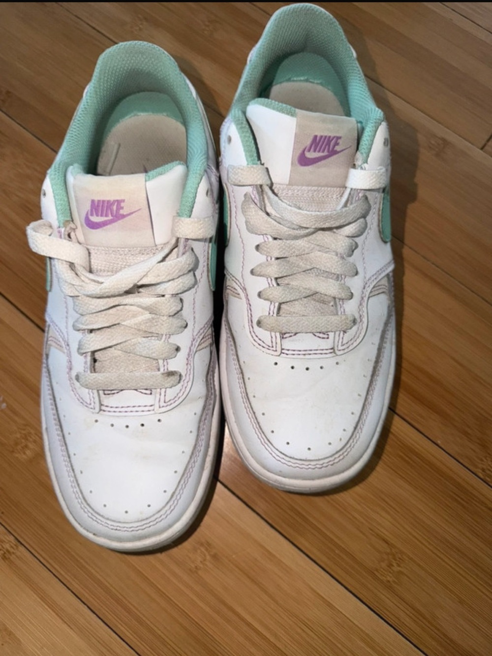 Nike Kids White Sneakers with Mint Lining and Lavender Logo